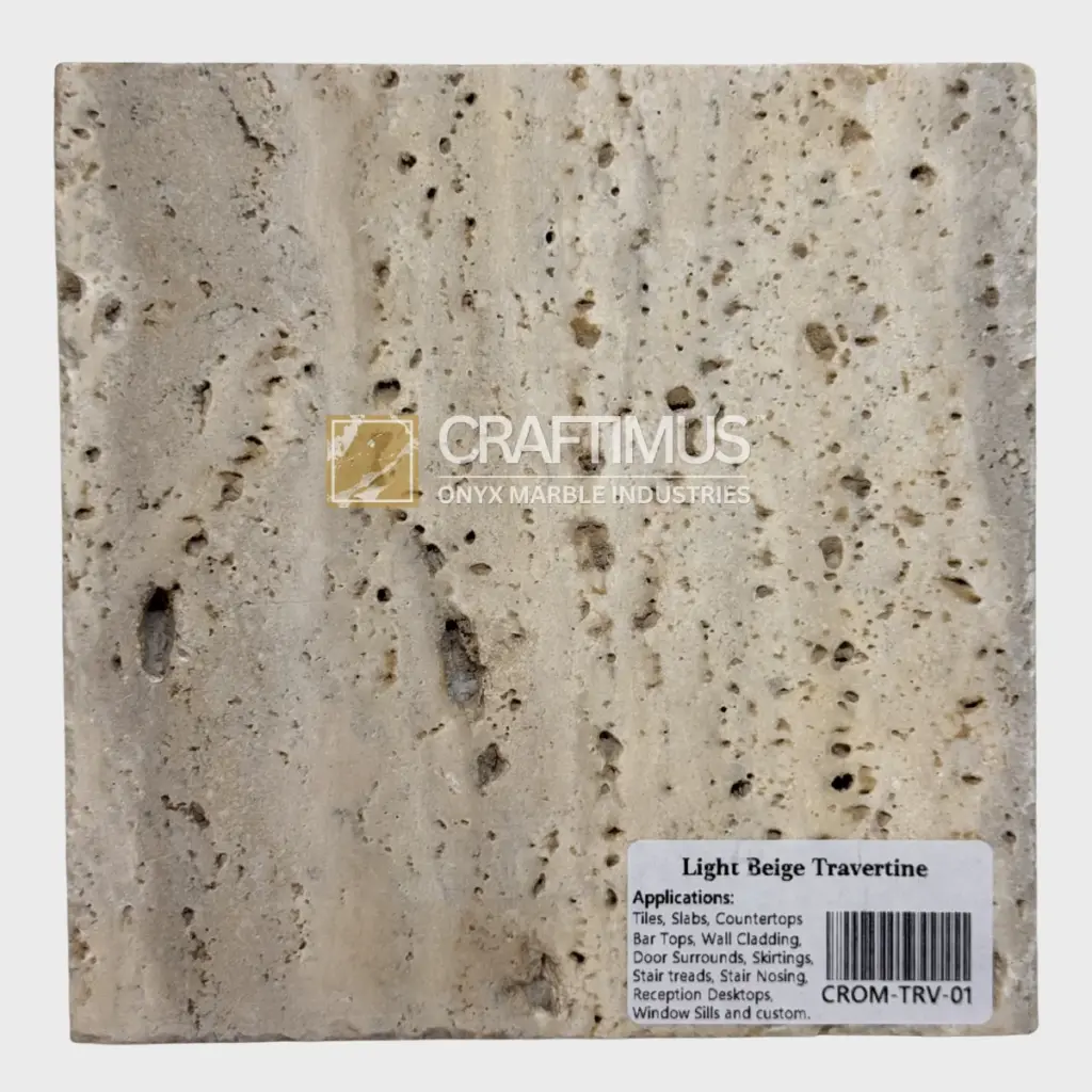 Light beige travertine stone slab ideal for tiles, countertops, and wall cladding applications.