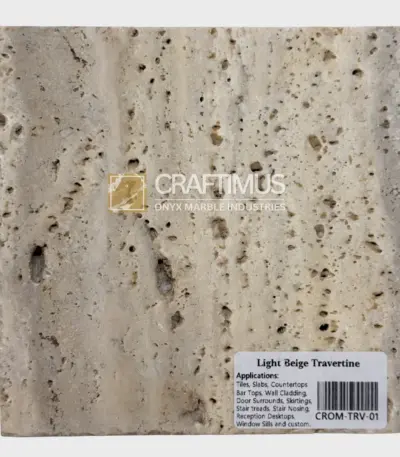 Light beige travertine stone slab ideal for tiles, countertops, and wall cladding applications.