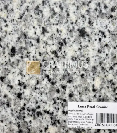 Luna Pearl Granite, gray and white speckled natural stone for countertops, tiles, and wall cladding.