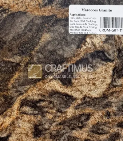 Maroccos granite slab, multicolor with brown and gold veining, ideal for countertops and tiles.