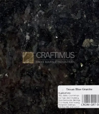 Ocean Blue Granite slab, dark tones, ideal for countertops, tiles, wall cladding, and more.