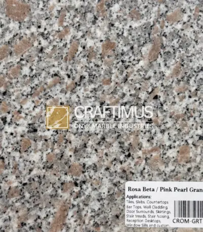 Rosa Beta pink pearl granite slab ideal for countertops, tiles, and wall cladding with a speckled gray and pink pattern.