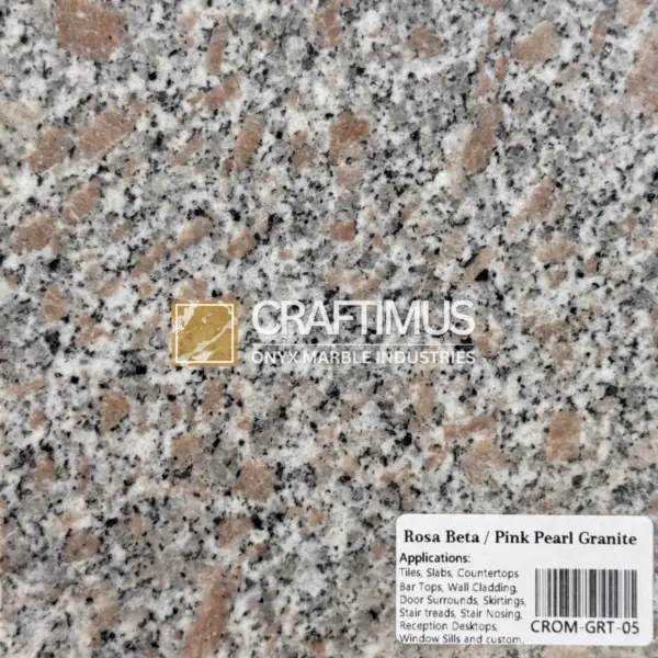 Rosa Beta pink pearl granite slab ideal for countertops, tiles, and wall cladding with a speckled gray and pink pattern.