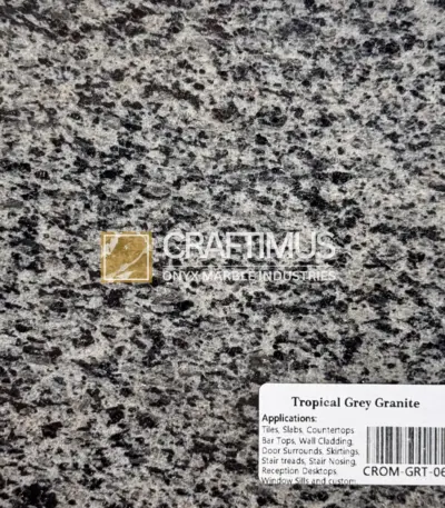 Tropical Grey Granite slab for countertops, tiles, and wall cladding in a speckled grey and black pattern.