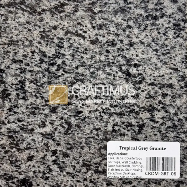 Tropical Grey Granite slab for countertops, tiles, and wall cladding in a speckled grey and black pattern.