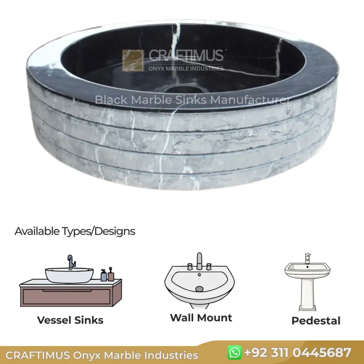 Elegant black marble vessel sink with a sleek design and polished finish, perfect for modern bathrooms.