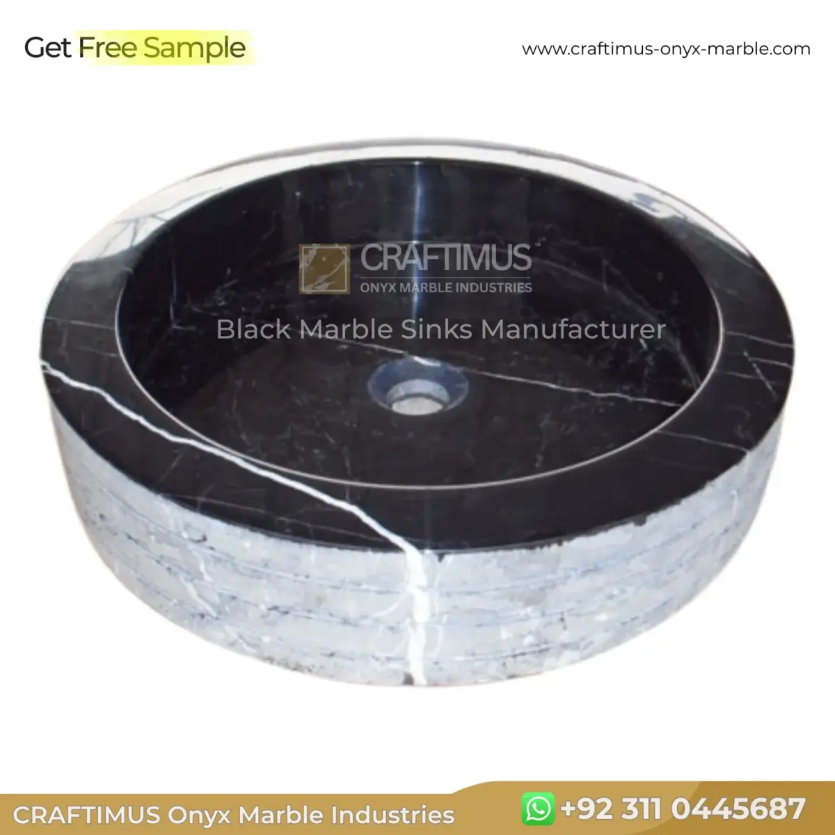 Black marble sink with white veining, round design, perfect for modern bathrooms and elegant spaces.
