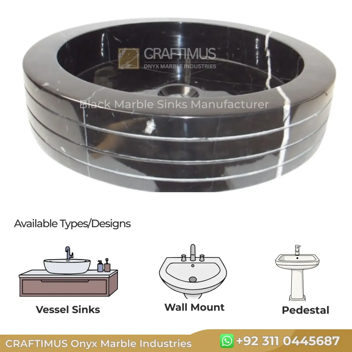 Black marble vessel sink with a sleek design and elegant finish, ideal for modern bathrooms.