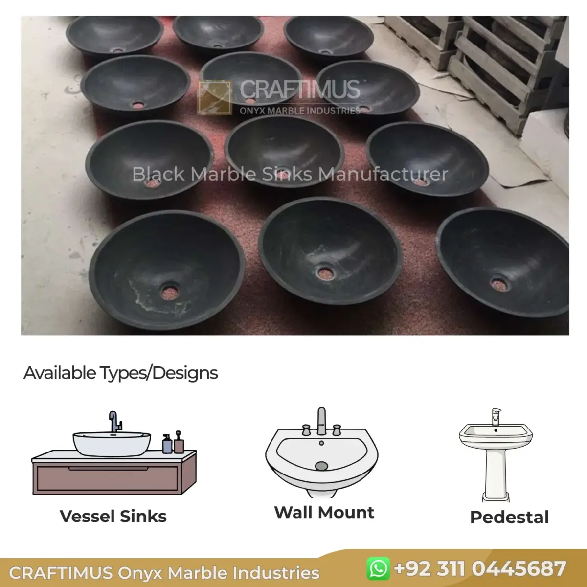 Black marble vessel sinks, showcasing sleek design and durable material, perfect for modern bathrooms.