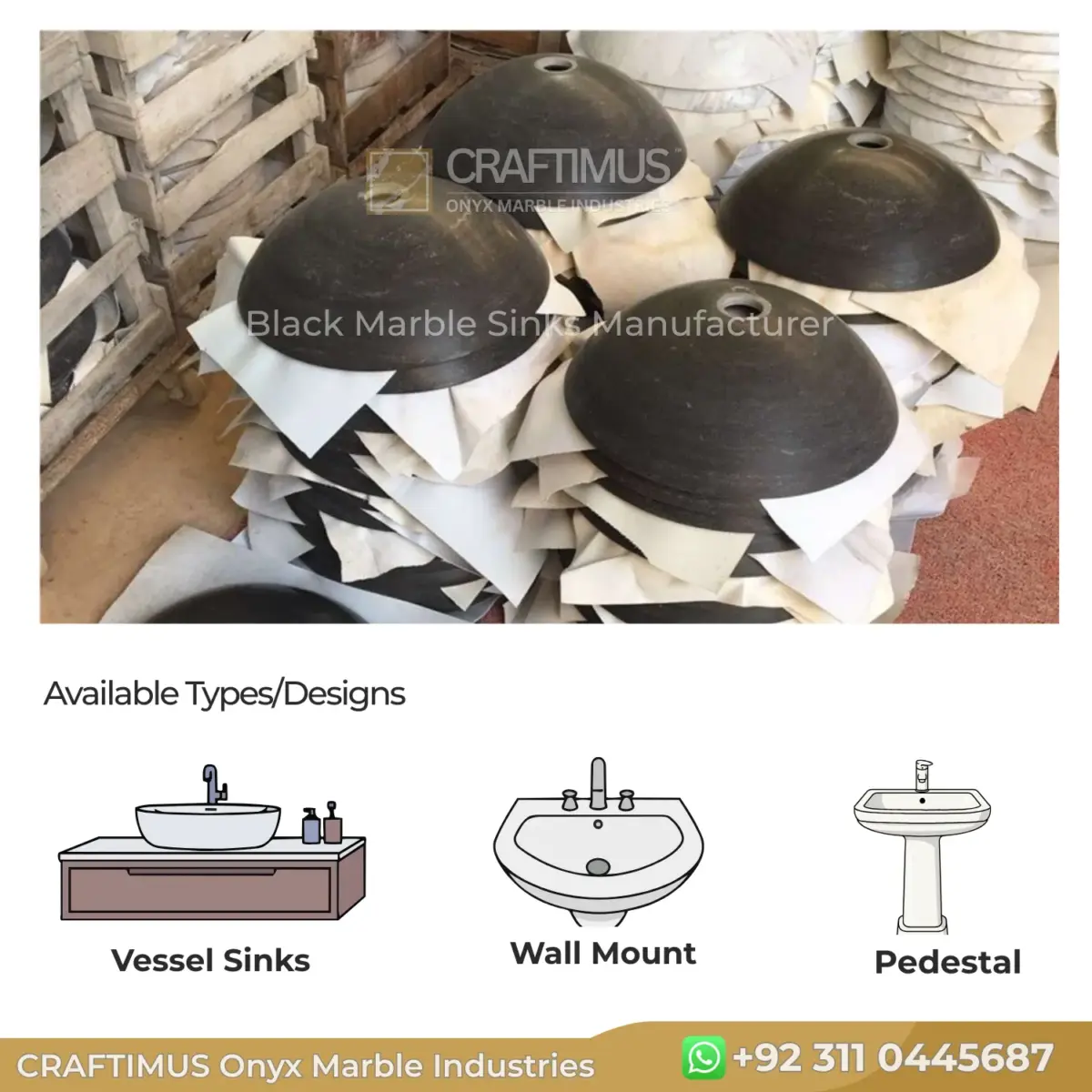 Black marble vessel sinks stacked for display, showcasing elegant design and durable material.