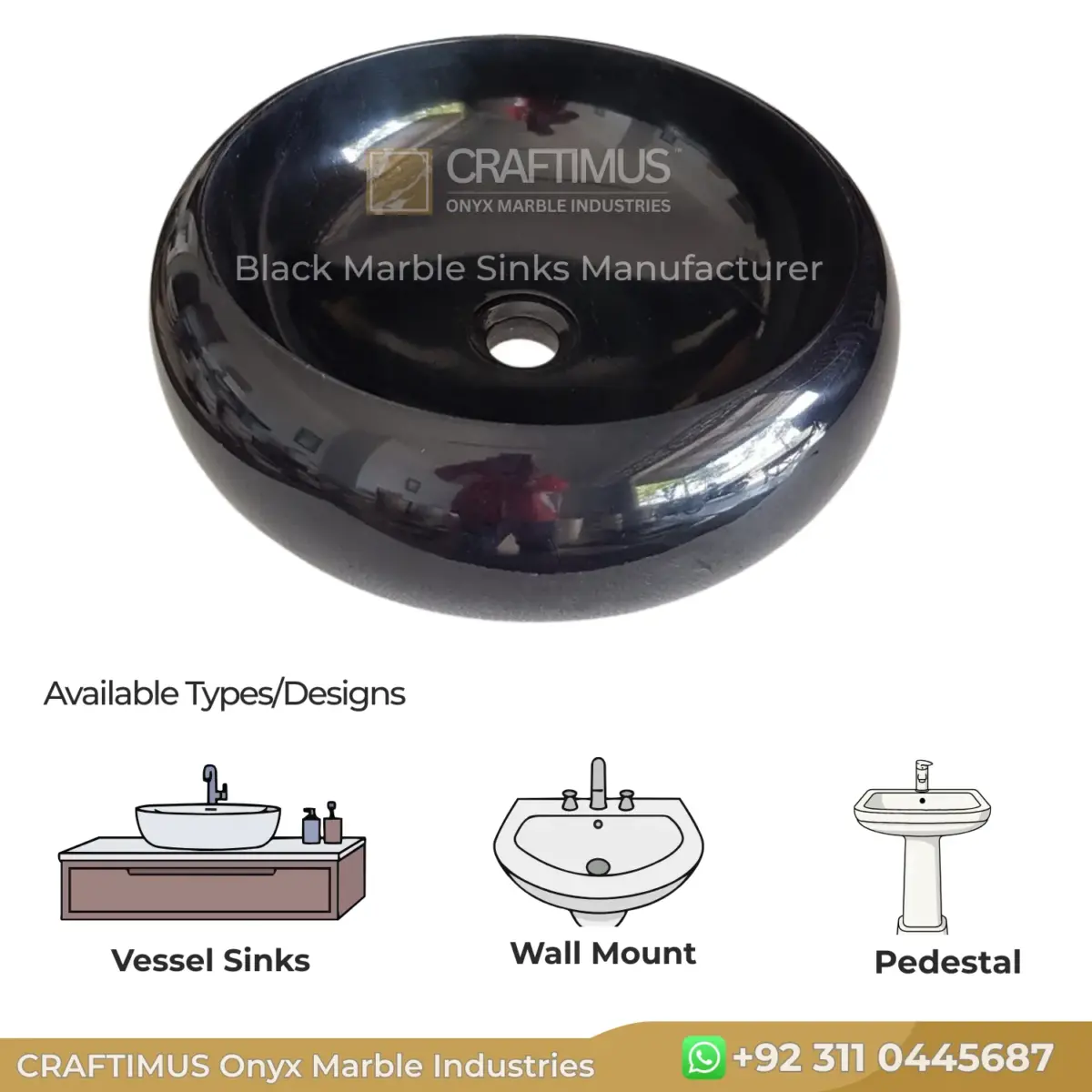 Black marble vessel sink with a glossy finish, perfect for modern bathrooms.