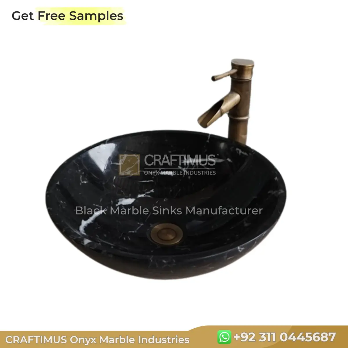 Black marble sink with a polished finish and a stylish gold faucet. Classic and elegant bathroom fixture.