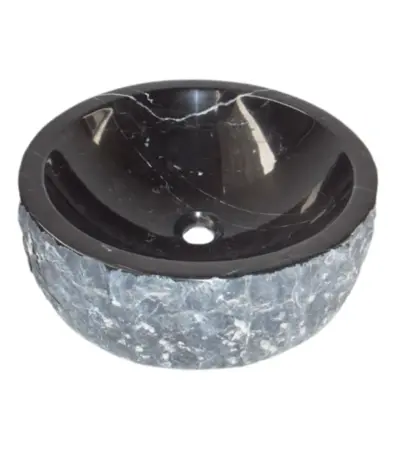 Chiselled Black Marble Round Vessel Sink