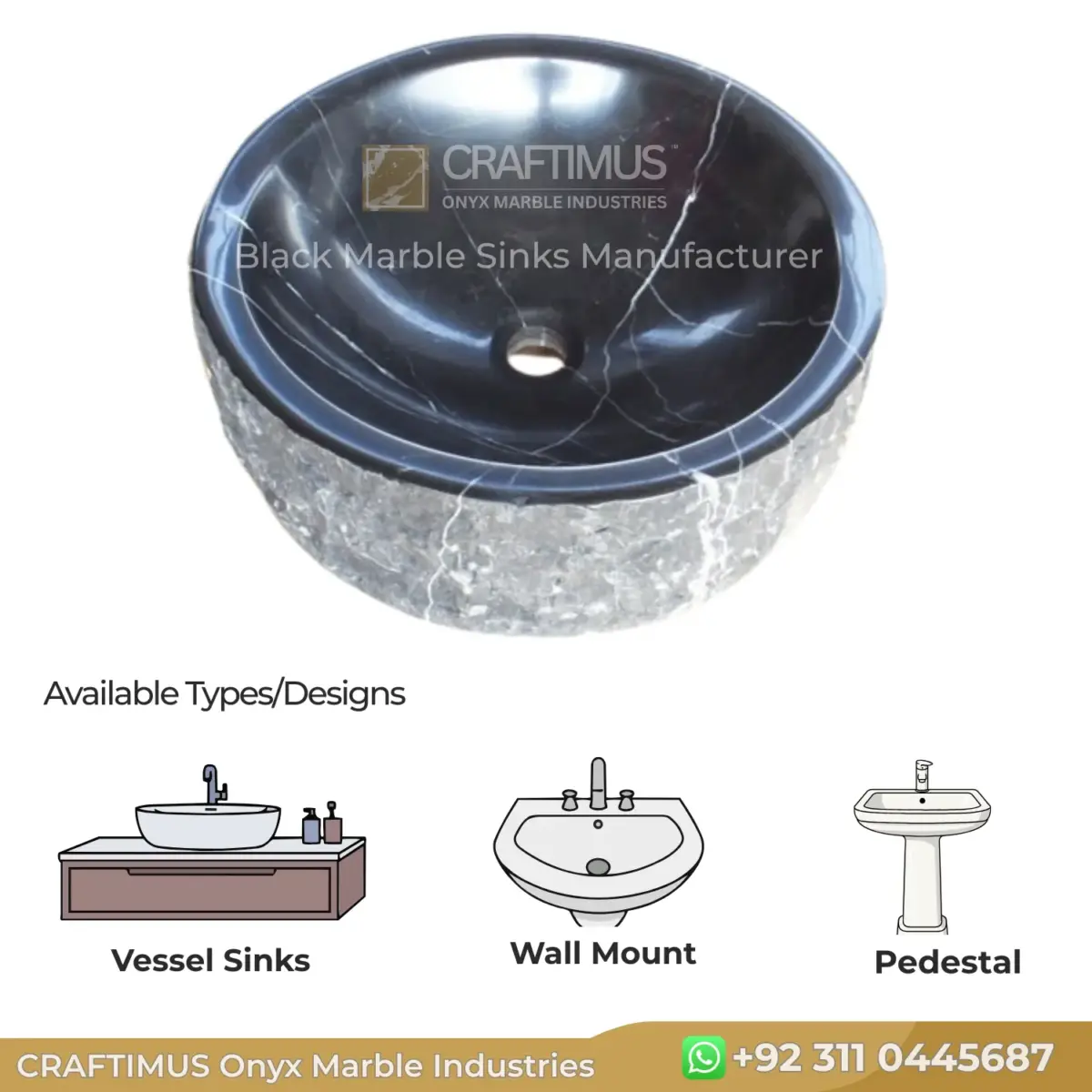 Black marble vessel sink with elegant gray accents for modern bathrooms. Durable and stylish natural stone design.