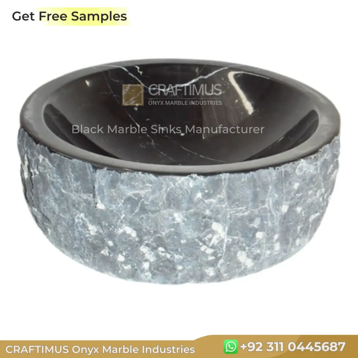 Black and gray marble sink with a polished interior and textured exterior. Perfect for modern bathrooms.