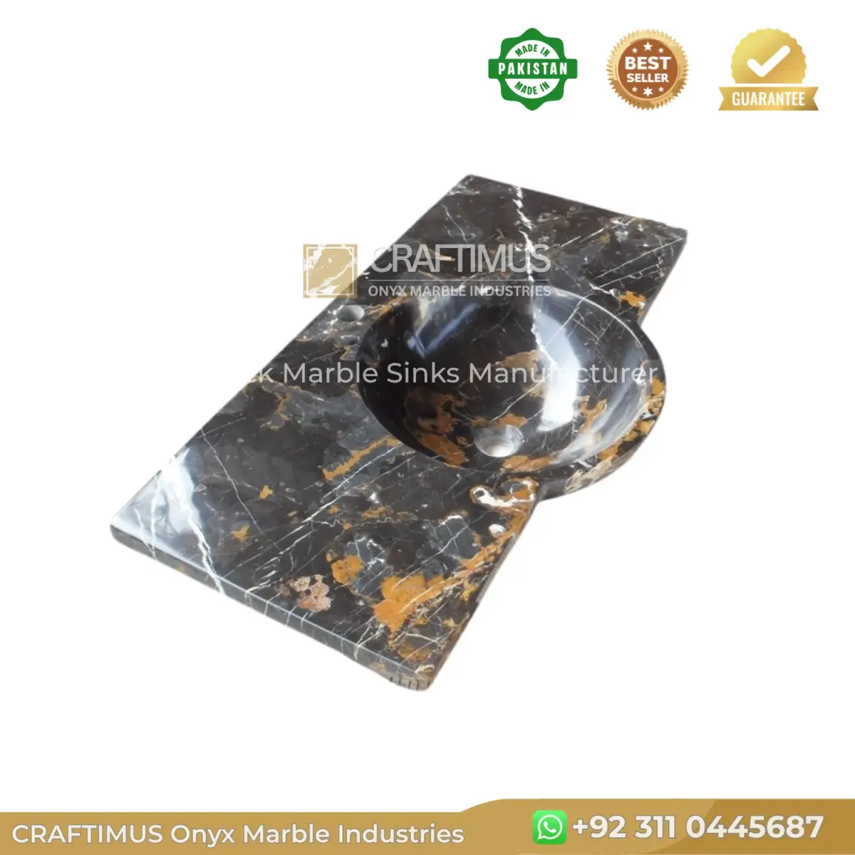 Onyx marble sink in black with gold veins, elegant bathroom fixture for luxury interiors.
