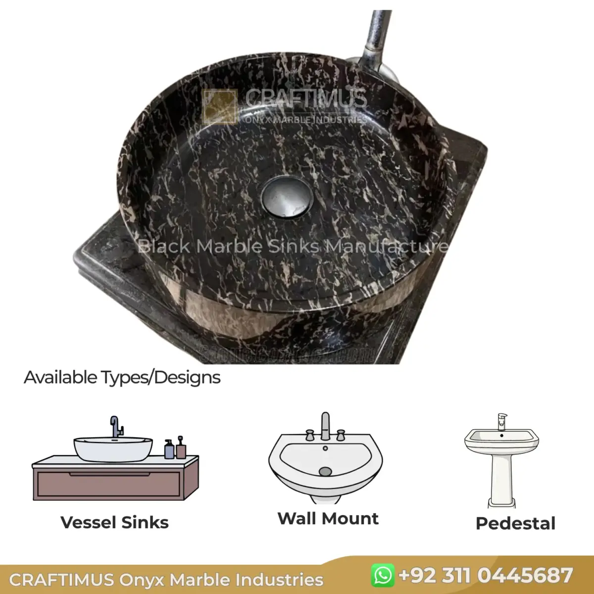 Elegant black marble vessel sink with a smooth finish, perfect for modern bathrooms. Durable and stylish design.