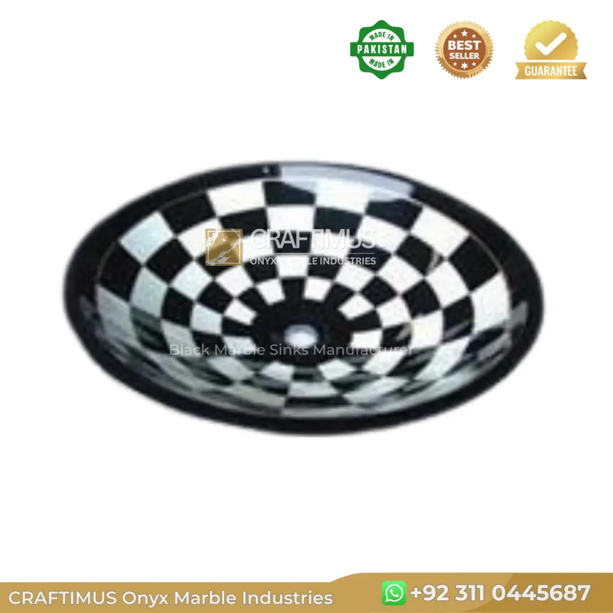 Black and white marble sink with a checkered pattern, perfect for modern bathrooms.