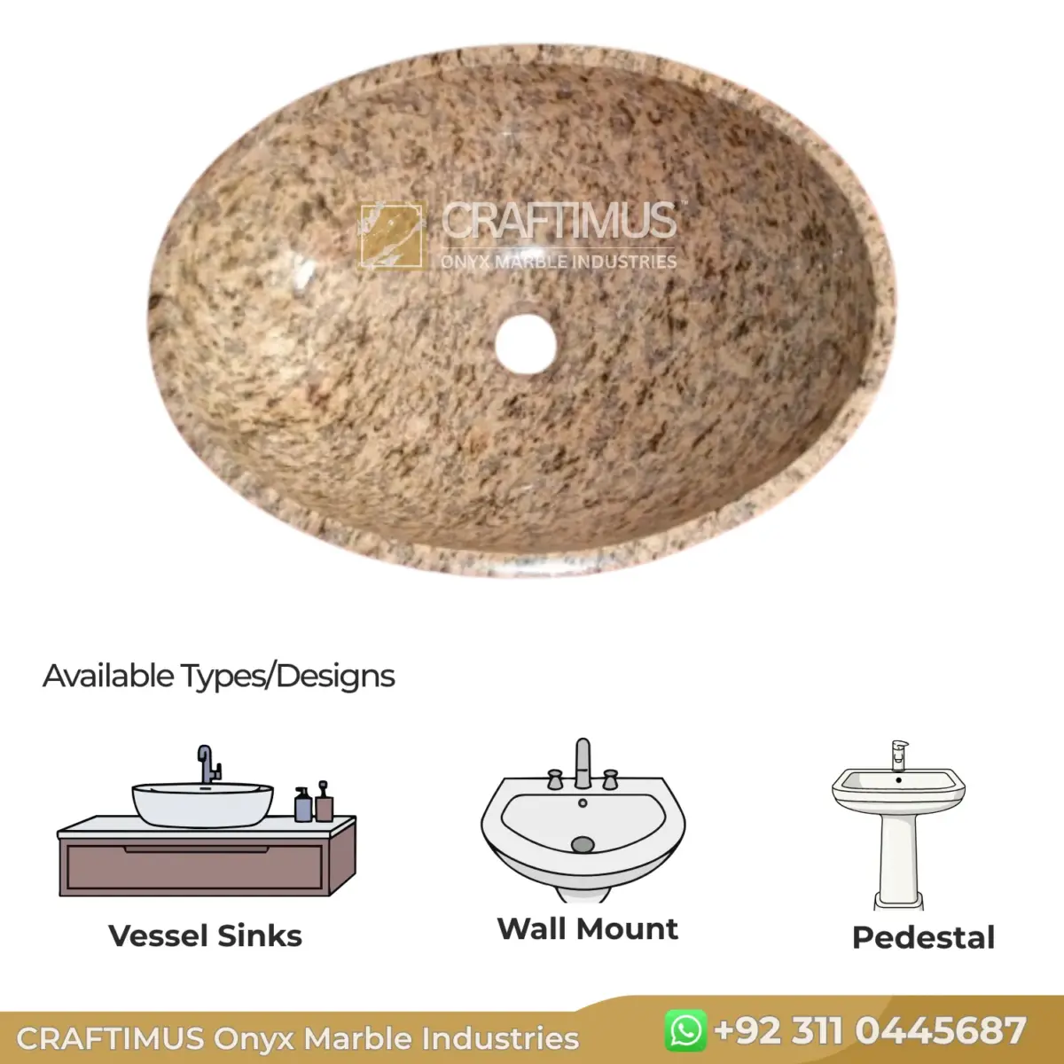 Granite oval vessel sink in beige and gold tones, perfect for elegant bathroom designs.
