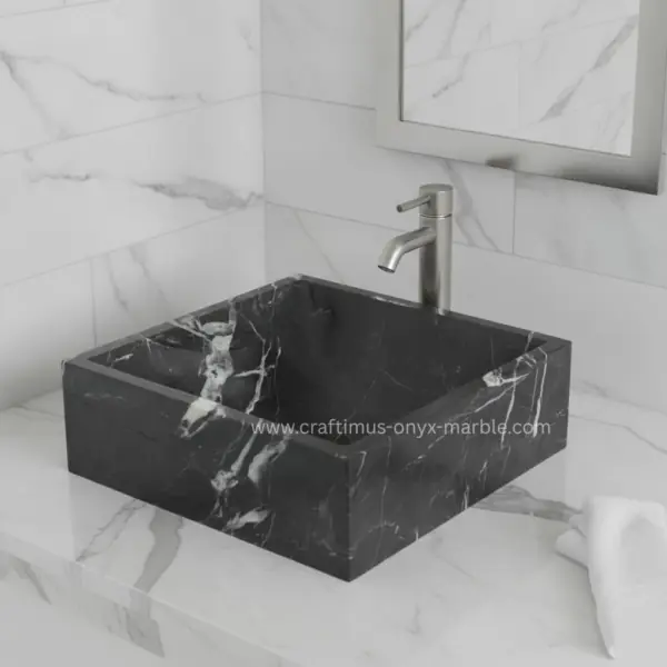 Black Marquina Marble Square Shaped Vessel Sink