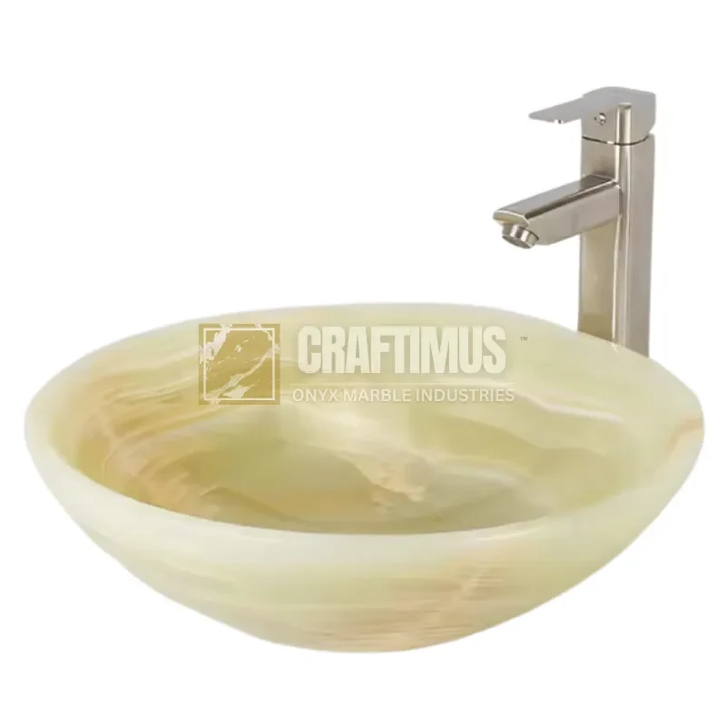 Green Onyx round shape vessel sink design with white background image
